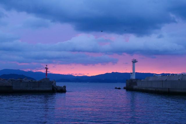 夜明け前の逢井漁港の風景