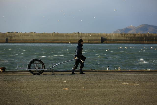 漁港で働く女性